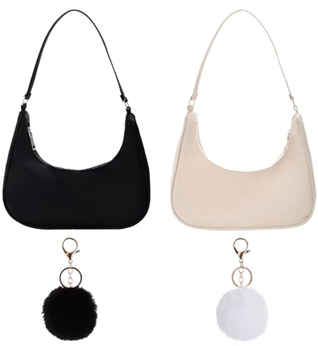 2 Stück Umhängetasche Damen Handtasche, Retro Achsel Tasche mit Pom-Pom-Schlüsselanhänger Nylon Schultertasche Damen Klein Fashion Handtasche Damen Y2k für Frauen Dating Reisen Party Einkaufe