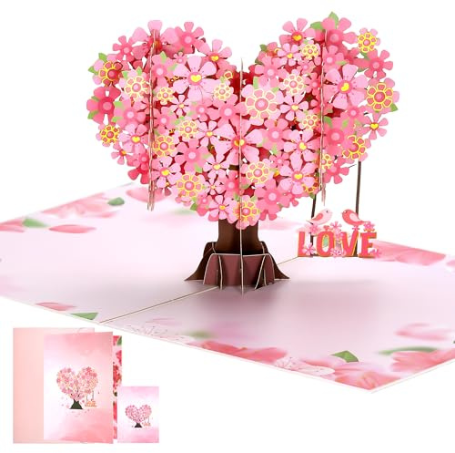 JIANTA 3D pop up-kort med fågelpar, hjärtformat bröllopskort med blommande körsbärsträd, jubileumskort, romantiska kort till henne, flickvän, fru