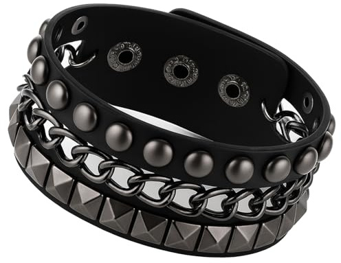RubyTint Vintage Punk Leather Studded Bracelet for Men and Women – Adjustable Black Spiked Gothic Rock Cuff Wristband, Biker Emo Steampunk Accessories for Daily Wear or Halloween Parties