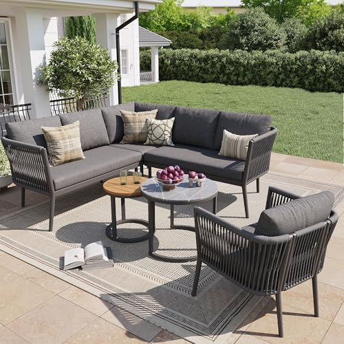 Gartenmöbel Set für 5-6 Personen, Gartenmöbel Lounge Set, 6-teiliges Seil Sitzgruppe mit Wasserfester Sitzbank und Kissenset, Modulares Ecksofa Set, Balkonmöbel Set, Gartentisch mit Stühlen Set, Grau