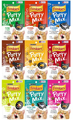 Friskies Party Mix Crunch Variety Pack (9 Flavors) - Wild West, Morning Munch, Mixed Grill, Picnic, Beachside, Cheezy Craze, Original, California Dreamin', and Meow Luau