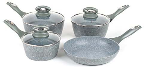 Salter Marblestone 4 Piece Cooking Set – 16cm, 18cm, 20cm Saucepans with Lids, 24cm Frying Pan, Non-Stick, Corrosion Resistant Forged Aluminium, PFOA-Free, Suitable for All Hobs, Dishwasher Safe