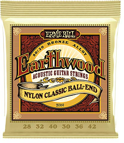 Ernie Ball Earthwood Folk Nylon, Clear and Gold Ball End, 80/20 Bronze Acoustic Guitar Strings - 28-42 Gauge
