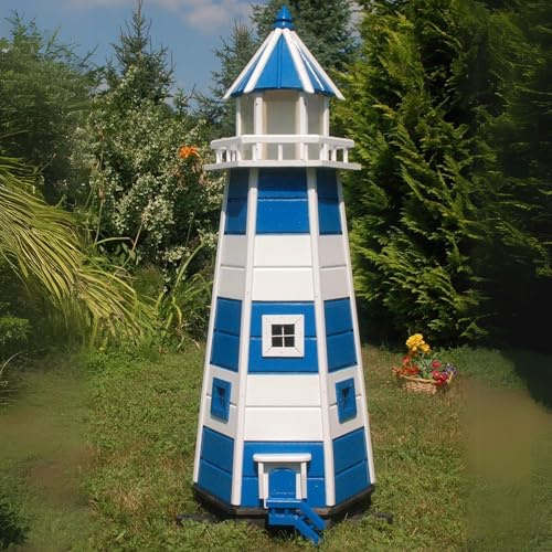 Deko-Shop-Hannusch Wunderschöner großer XXL Leuchtturm aus Holz mit SOLAR Beleuchtung Größen, Solarbeleuchtung, (blau/Weiss, 1,40 m)