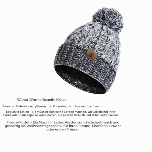 INSISMY Mütze Schal handschuhe Set Winter Weich Warm Pelzgefütterte Bommelmütze Langer Schal mit Quaste und Touchscreen Handschuhe Set 3-teiliges Melange Gestrickt Damen Unisex Dunkelblau