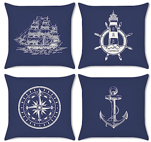Bonhause 4er Set Kissenbezüge Nautisch Maritim 45 x 45 cm Doppelseitig Anker Segelboot Kompass Polyester Leinen Dekorative Kissenhülle Zierkissenbezüge für Sofa Wohnzimmer Zuhause Dekoration