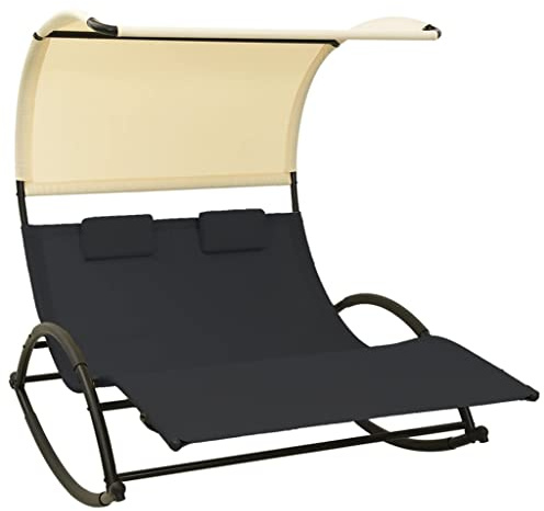 vidaXL Double Sun Lounger with Canopy and Pillows - Outdoor Rocking Daybed in Black and Cream Textilene and Steel Frame