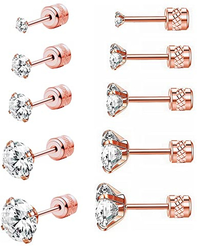 5 Pairs Stud Earrings Set,Hypoallergenic Earrings 316L Stainless Steel Double Round Cubic Zirconia Ear Ringing Jewelry for Women Men Boys & Girls 2-6mm Silver