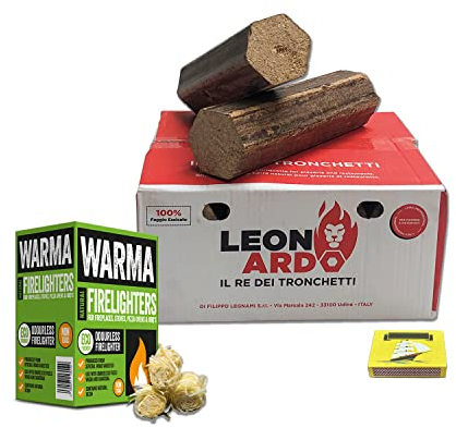 Restaurant Grade Leonardo Beech Briquette Logs Bundle Includes 1 x Box of Warma Eco Wood Wool Firelighters & Matches - Heat Stoves Fireplaces Pizza Ovens Wood Fired Burning Cookers Barbecue Open Fires
