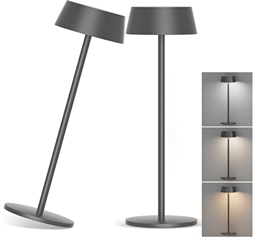 Klighten 2 Stück Dimmbare LED Akku Tischlampe Kabellos Touch Metall Aluminium Akkubetrieben Tischlampe IP54 Wasserdichte Outdoor Tragbare Tischleuchte für innen/außen,Dunkelgrau 3000K~6000K