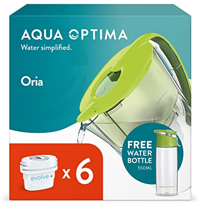 Aqua Optima Oria Water Filter Jug & 6 Evolve+ Filter Cartridges + Free 550ml Water Bottle, 2.8L, Green - Fridge & Dishwasher Friendly - Reduces Limescale, Chlorine and Other Impurities