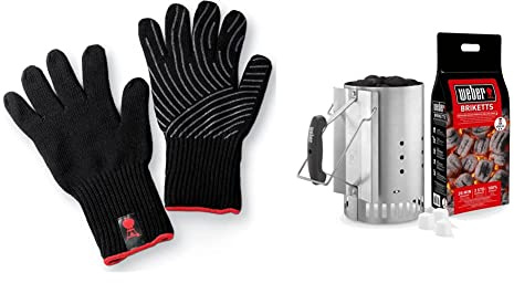 Weber 6670 - Guanti per Barbecue, Nero & 17631 - Kit Ciminiera di Accensione + 2 Kg di Bricchetti + 3 Cubetti Accensione