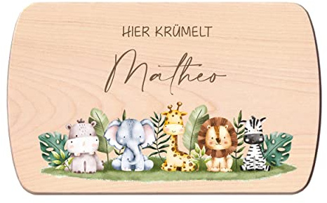 Individuelles Holzbrett mit Gravur für Kinder - Personalisiertes Frühstücksbrettchen - Motiv Safarie Friends mit Namen