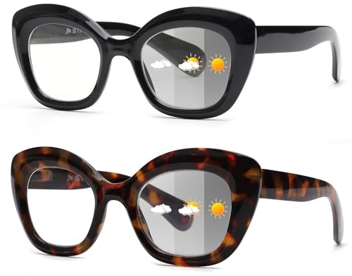 JM 2 Pack Photochromic Reading Sunglasses for Women, Cat Eye Blue Light Blocking Computer Readers, Spring Hinge, Black & Tortoise +2.25