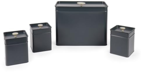 Salter Marino Countertop Canister Set, 4 Piece With Bread Bin, Blue Grey | Carbon Steel Construction, Square Canisters, Powder Coated Finish, For Dry Goods Storage, Tea Coffee Sugar Canisters Included