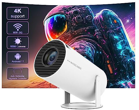 Mini-projektor 4K, bärbar WiFi6 Bluetooth 5.0 Android 11, smart projektor med automatisk horisontell korrigering och 180° roterbar utomhusfilmprojektor