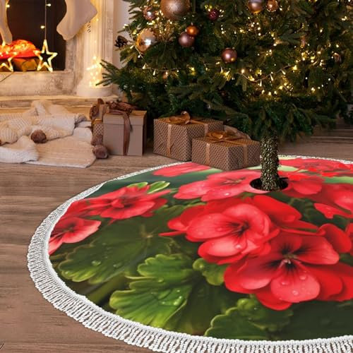 Weihnachtsbaumrock mit roten Geranien, 121,9 cm, Weihnachtsbaumrock mit Quaste, Weihnachtsdekoration, Matte für Zuhause, Party, Urlaub, Ornamente