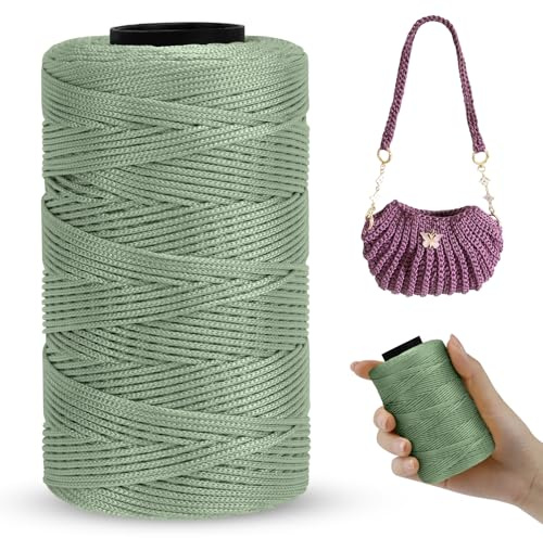 LEREATI Polyester Garn 1mm x 230m Makramee Garn 1mm Baumwollgarn Macrame Cord Polyester-Seil Baumwollkordel für Handtasche, Umhängetasche, Häkeltasche, Strickwaren (Bohnengrün)