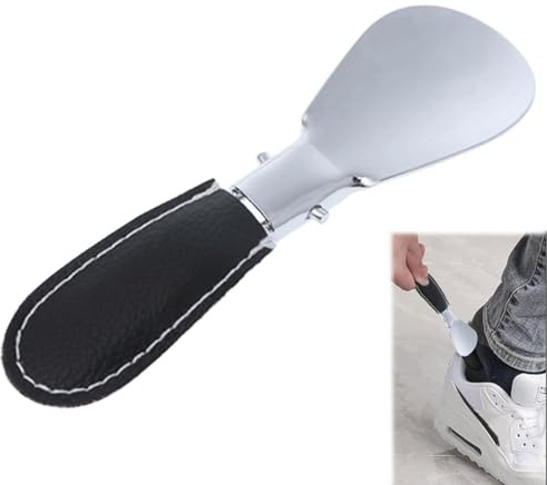 Liten bärbar mini kort skohorn för resor vikning metall skohorn, med PU-läderbeläggning, hjälpverktyg för att bära skor