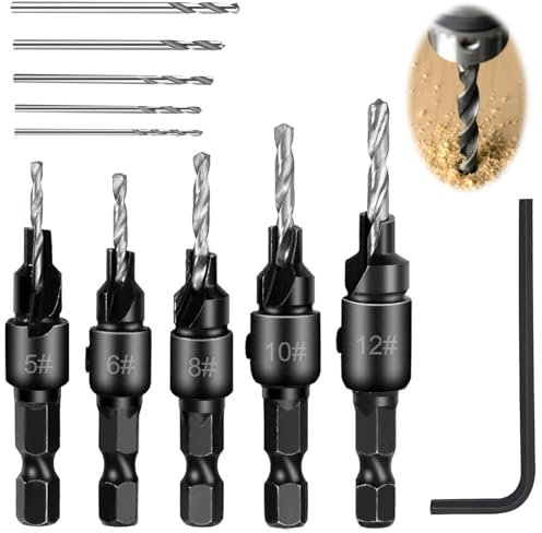 5Pcs Countersink Drill Bit Set, 1/4 Inch Hex Shank, Woodworking Countersink Drill Bits, 5pcs Free Replaceable Drill Bits with One Hex Wrench, for Wood Drilling Plastic Metal