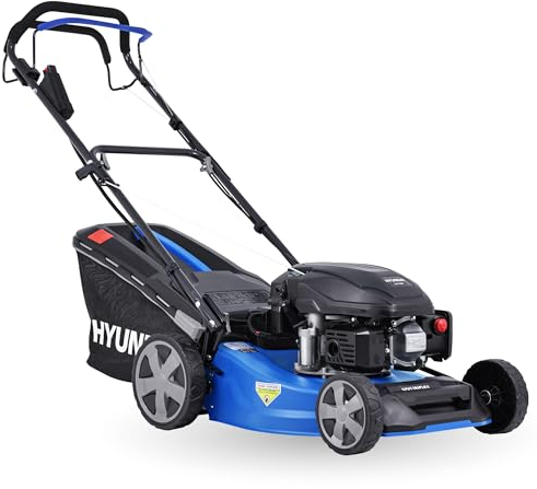 HYUNDAI Benzin Rasenmäher LM4623G ES, Radantrieb, E-Start, Mulchfunktion, starker 3.9PS Motor mit 170cc, 46 cm Schnittbreite, 65L Korb, Benzinmäher, Mulcher