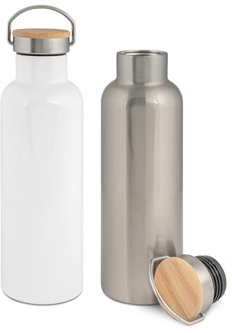 PlottPrint Edelstahl Trinkflasche Sublimation Isoliert Isolierflasche auslaufsicher Wasserflasche, Trinkflasche, Getränkeflasche, Bambus, Thermotrinkflasche, Farbe:Weiß, Milliliter (ml):750 ml