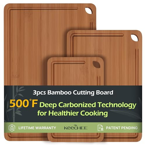 Keechee Planche à découper en bambou durable pour cuisine avec rainures profondes pour jus et poignées intégrées, idéal pour charcuterie et hacher pour la viande, les légumes et les fruits