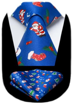 HISDERN Weihnachts Krawatte Herren Lustig Königs Blau Xmas Party Krawatte mit Einstecktuch Set Funny Weihnachtsmotiv Schlips
