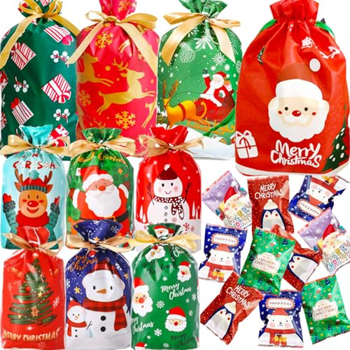 50pcs Christmas Drawstring Gift Wrap Bags Set Drawstring Xmas Wrapping Bag Xmas Gift Wrap Bag Small Medium Assorted 10 Designs 3 Sizes & About 50pcs Heat Sealable Christmas Bags