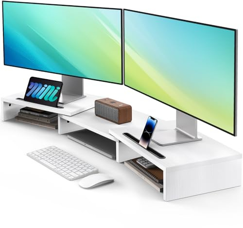 AMERIERGO Dual-Monitor-Ständer-Erhöhung - 3-Regal-Bildschirmständer mit verstellbarer Länge und Winkel, 2 zusätzliche funktionale Schlitze Desktop-Organizer-Ständer für PC, Computer, Laptop (Weiß)