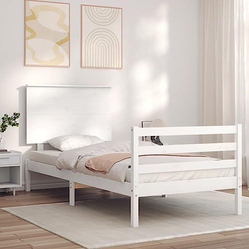 Buzaza Giroletto con Testiera Bianco Single in Legno Massello-Letto - Struttura Letto- Struttura Letto a Piattaforma in bambù sostenibile con testiera