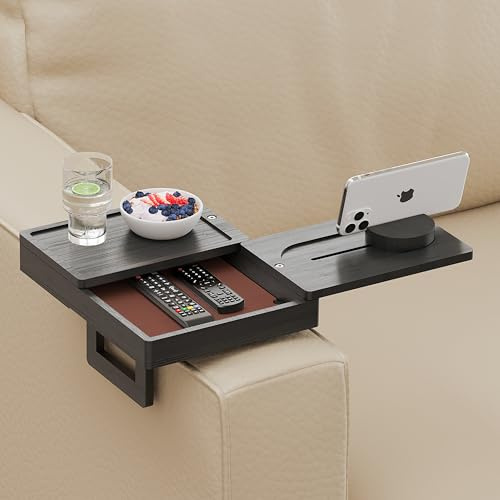 Wealone Plateau noir pour accoudoir de canapé avec 2 plateaux rotatifs, table réglable avec boîte de rangement et support de téléphone à 360°, table d'accoudoir de canapé en bambou pour collations,