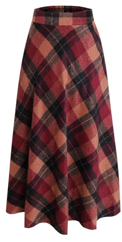 Beeblily Gonna Lunga Invernale Donna Vita Alta Elegante Lana Quadri Maxi Gonna Vintage Gonne Plissettata Rosso M
