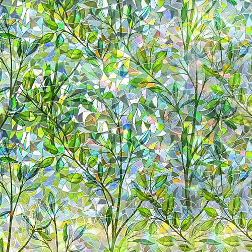 Qualsen Rainbow Window Film Privacy Film for Glass Windows Green Leaf Pattern Stained Glass Window Film Self Adhesive Anti UV Static Cling Decorative Window Vinyl for Home 30x100cm