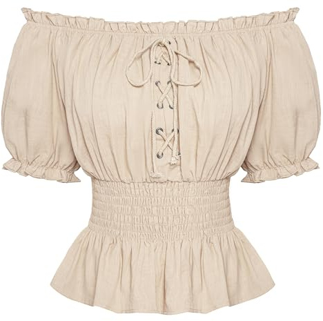 SCARLET DARKNESS Haut Renaissance en Coton pour Femmes Été à Volants Épaules Dénudées Manches Bouffantes à Laçage Chemisier Smocké Abricot XXL