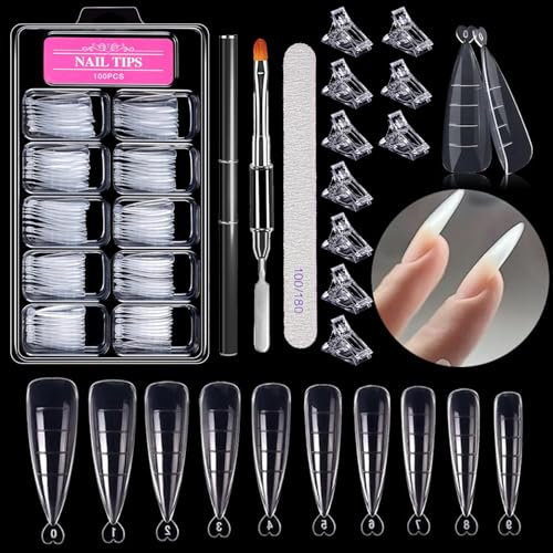 Esshogo Dual Formen Für Nägel, 100 Stücke Dual Nail Forms Set, Stiletto Tips Für Nägel, Nail Tips, Dual Tips Nägel, Nagel Verlängerung, Mit Dual-Ended Nagel Pinsel, 10 Nagelspitzenclips Und Nagelfeile