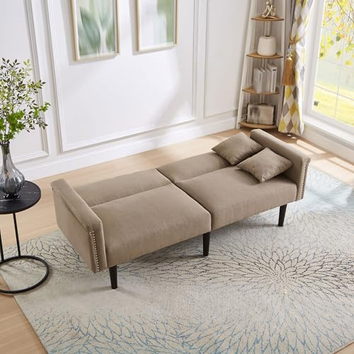 DRIXNO 2-in-1 Multifunktions-Sofabett Zweisitzer-Sofa, Sofa mit Liegefunktion, unabhängig verstellbare Doppelrückenlehnen, Metallverzierungen, Baumwoll-Leinen-Stoff,Braun.