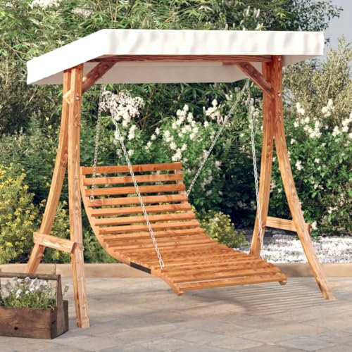 Gecheer Hollywoodschaukel mit Dach Massivholz Fichte Teak-Finish ergonomische Rückenlehne sanfte Schaukelbewegung Sonnenschutz for Garten Entspannung