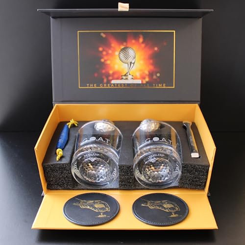NobleSip® Whiskey GOLF Glasses 𝗣𝗥𝗘𝗠𝗜𝗨𝗠 Set: 2 Glasses, 2 Steel Chilling Balls, 2 Coasters. Best way for a player, fan to enjoy his Old Fashioned Cocktails. Golfer bourbon home bar gift