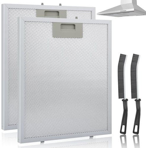 2Pcs 5-Layer Aluminium Cooker Hood Filter, 320 x 260 x 9 mm Extractor Fan Filters Mesh with 2 Crevice Cleaning Brush, Universal Replacement Cooker Hood Grease Filters Compatible with Most Range Hoods