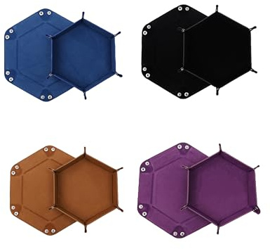 4er Set Würfelteller Hexagon – Faltbare Würfelmatte aus PU-Leder & Samt – Dice Tray/Würfelunterlage für DND, RPG, Dungeons & Dragons, Tabletop – 4 Farben, tragbar (Schwarz, Braun, Lila, Blau)