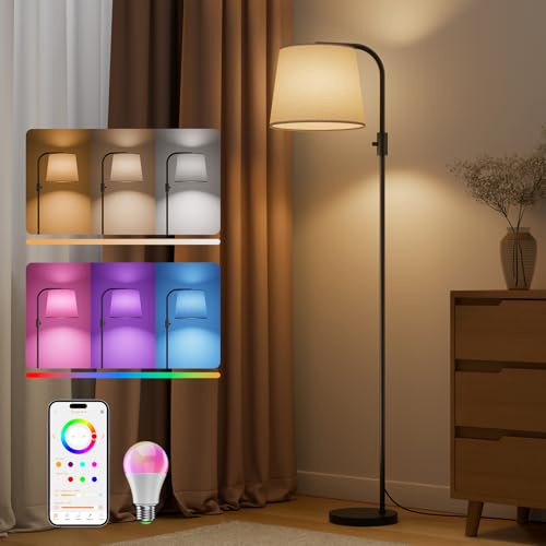VARICART Arc Floor Lamp for Living Room with Smart RGBCW Color Changing Bulbs Dimmable, Stand lamp Compatible with Alexa, Siri, Google Voice & App Control, Tall Lamp for Living Room, Bedroom, Black