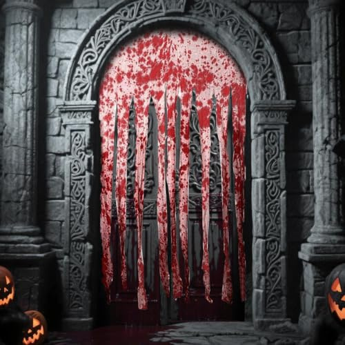 3 Stück Halloween Türvorhang, 1.65 x 1M Halloween Blutiger Türvorhang, Gruseliges Vorhang mit Blutigen Handabdrücken, Blutiger Gruseliger Türvorhang für Innen/Außen,deko Häuser,GartenSpukhaus & Party