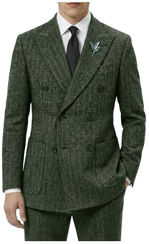 Mens Tweed Herringbone Retro Men Suits Green 2pcs Slim Fit Prom Wedding Groom Party Tuxedo Set Jacket Blazer Vest Pants M