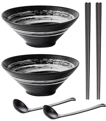 CHUNGG Ramen Bowls Salad Bowl Set of 2, Japanese Porcelain Glazing Process Style Whith Noodle Spoon and Chopsticks, 8-in 1200ML, Festival Gift