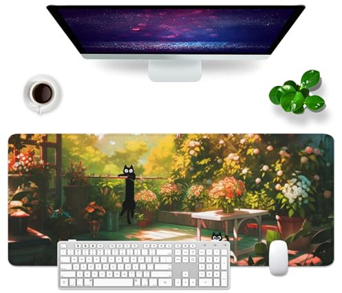 WYDUCVI Cat Mouse Mat Cute Large Gaming Mouse Mat XL Desk Mat 31.5x11.8x0.12 inch Kawaii Mouse Pad (Cat and Flower)