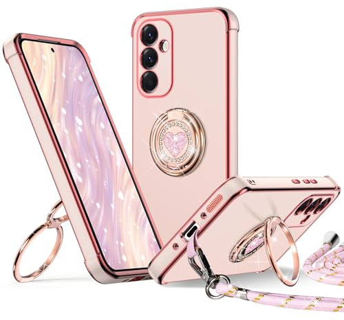 XYZ for Samsung Galaxy S25 FE Case with Stand, Pink | Phone Case with Lanyard for Women Girls, Heart Double Ring Holder, Bling Luxury Protective Phone Case