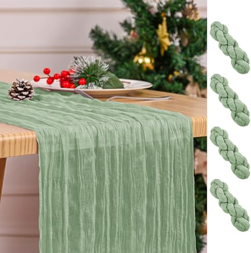 4 Pack Sage Green Table Runner 17 x 108inch Cheesecloth Table Runner Boho Gauze Table Runners for Dining Table Rustic Sheer Fabric Table Runners for Wedding Party Bridal Shower Spring