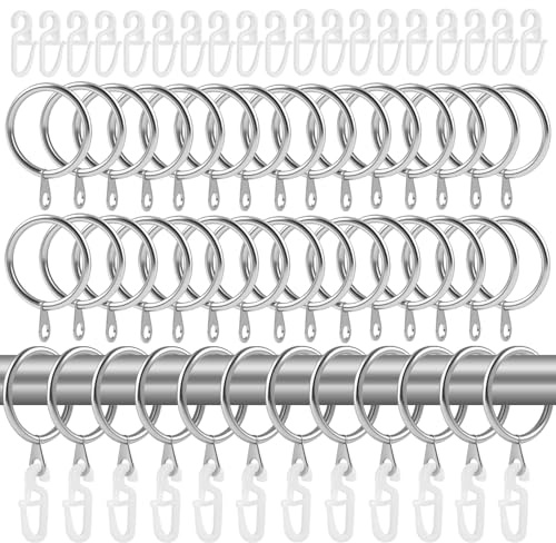 50 Pieces Curtain Rings and Hooks, 30 mm Inner Diameter Stainless Steel Metal Curtain Rings with Hooks, Metal Hanging Rings with Eyelets for Window, Door and Shower Curtain (Silver)