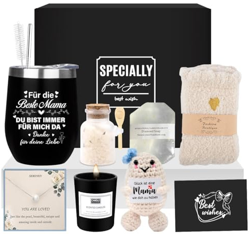 Geschenke für Mama, Geburtstagsgeschenk Mama, Muttertag Beste Mama Geschenk | Weihnachten Geschenk für Mama, Frauen Geschenkset Thermobecher Halskette Socken Badesalz Seife Duftkerzen Gehäkelte Mutter